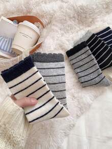 3 Pairs Random Assorted Unisex Ruffle Cuff Socks, Black White Navy Fine Horizontal Striped, Skin-Friendly Durable Comfortable Breathable Korean Vintage Style Mid-Calf Socks For Daily Home Commute Holiday Gift Office - Multicolor - View 6