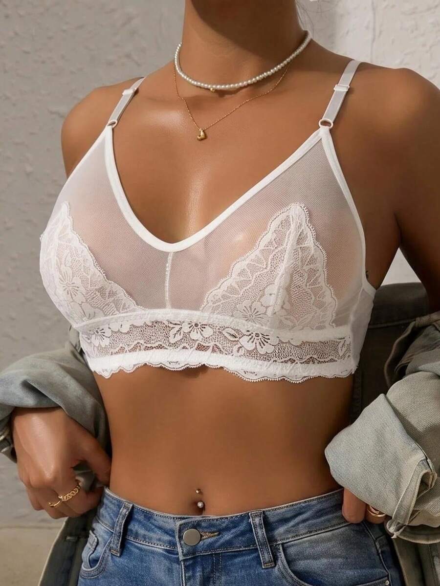 1pc Women's Solid Color Non-Wired Lightweight Bra, No Padding Sexy Lace French Mesh Spliced Comfortable Lingerie