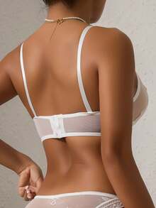 1pc Women's Solid Color Non-Wired Lightweight Bra, No Padding Sexy Lace French Mesh Spliced Comfortable Lingerie - White - View 5