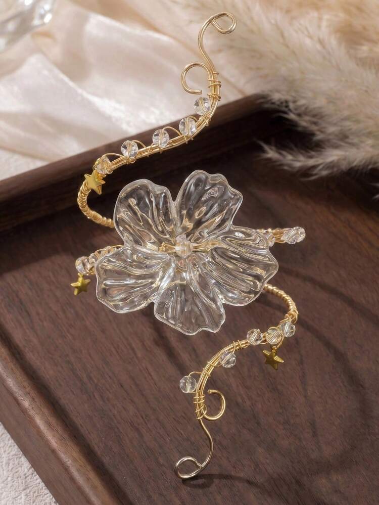 Fairy Style Floral Upper Arm Cuff, Gold Wire Pearl Armlet, Greek Goddess Bracelet, Summer Festival Beach Jewelry - Yellow - View 1