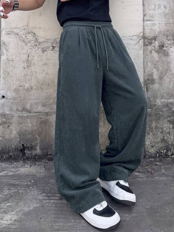 SU ER Men's Casual Corduroy Wide Leg Long Pants With Elastic Waist And Drawstring, Loose Fit, Draped Lazy Style