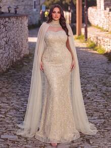 Faeriesty Gaun Formal Mewah Tanpa Tali Model Duyung dengan Hiasan Manik-manik dan Selendang Tulle, Seri Haute Glamour Plus, Set 2 Potongan untuk Pesta Pernikahan Musim Gugur - Sampanye - View 5