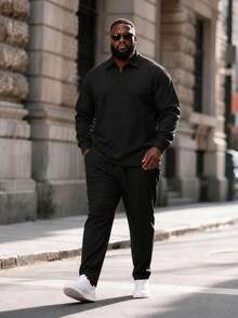 Plus Size Men's Autumn Textured Fabric Long Sleeve Polo Shirt And Pants Casual Set, Solid Color Minimalist Plus Size Outfit - Black - View 5