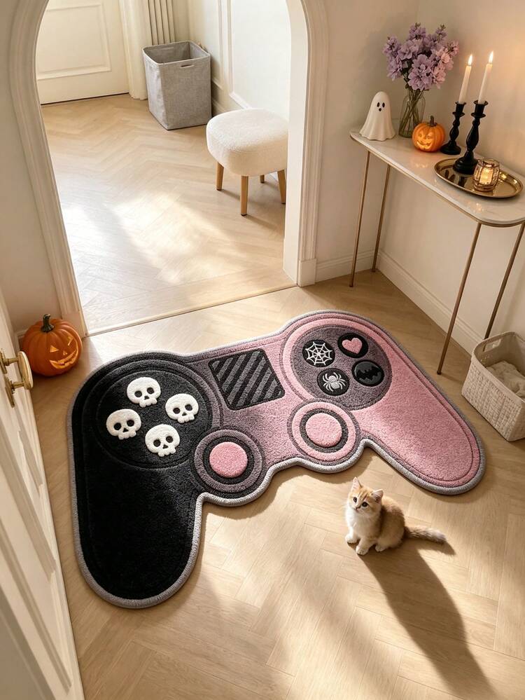 1 pieza Alfombra de área con diseño de calavera y mando de juego en color púrpura & negro, alfombra para sala de estar, decoración de habitación, regalo de Halloween - Mando de juegos con diseño de calavera morado y negro - Añade 3
