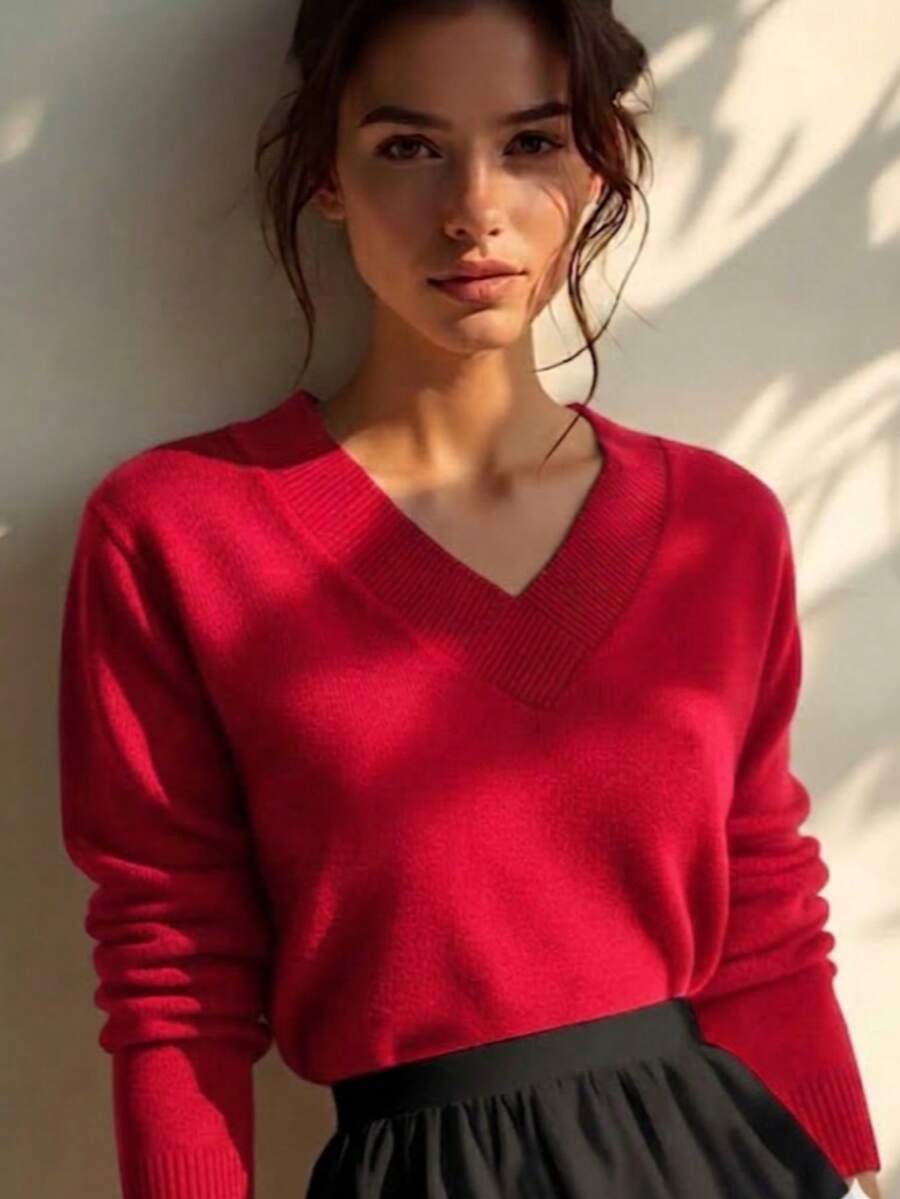Women's Sweater With Collar, Blouse, Elastane, Simple, Polyester, V-Neck, Formal And Evening, Winter - 紅色 - 查看 1
