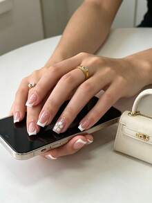 24pcs Short 3D Minimalist White French Floral Square Nails + 1pc Jelly Glue + 1pc Nail File - 彩色 - 查看 2