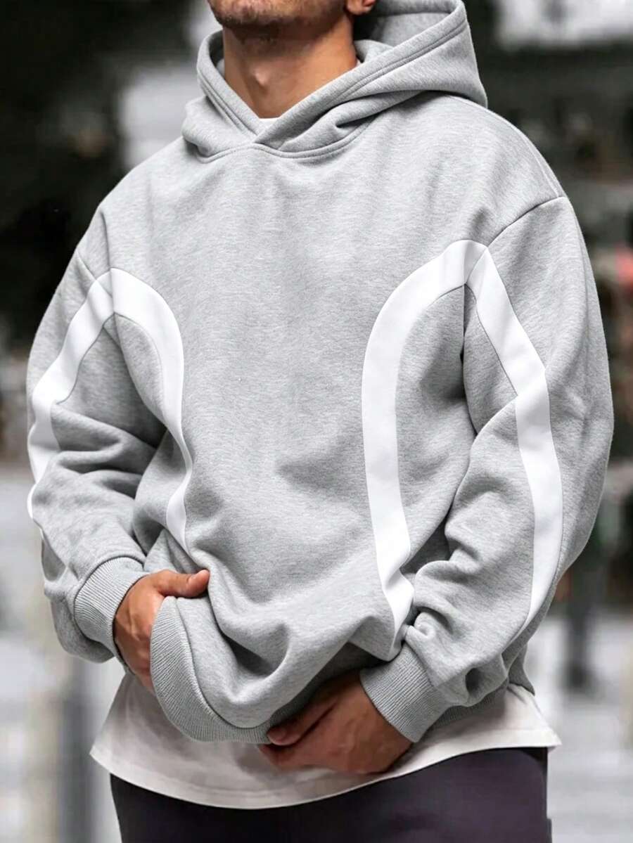 男士秋冬休閒灰色與白色雙條紋弧形拼接極簡寬鬆保暖內裡連帽衛衣 | 領先時尚 - 灰色 - 查看 1
