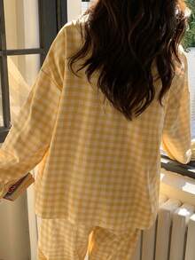 2pcs/Set Women's Pajamas Loungewear Set, Peter Pan Collar Plaid Print Korean Style Long Sleeve Long Pants, Comfortable For Home Wear - Yellow - View 3