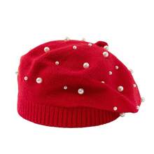 Topi Beret Rajut Mutiara, Topi Pelukis Vintage Warna Polos, Topi Wol Lembut untuk Musim Gugur/Dingin - mutiara - View 17