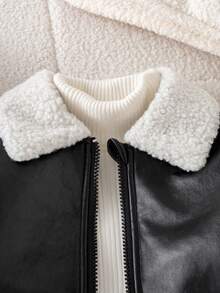 Young Boy Casual Fashion Solid Color Thermal Lined Zip-Up Jacket With Collar, Autumn/Winter - Black - View 4