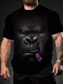 Men's Summer T-Shirt With 3D Digital Gorilla Print, Short-Sleeved And Plus Size. - 黑色 - 查看 1
