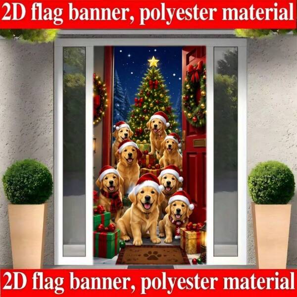 2D Plane 1 Piece Of Christmas-Themed Banner Background, The Pattern Features A Golden Retriever Wearing A Christmas Hat, Along With Decorations Such As A Christmas Tree And Christmas Gift Boxes. It Is Made Of Polyester Material.