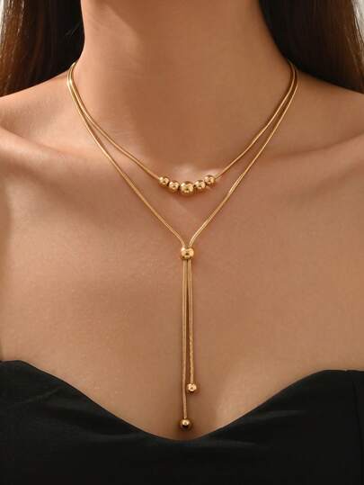 1pc Elegant Double Layer Gold Bead Tassel Collarbone Necklace, Minimalist Luxury Style Women's Necklace, Suitable For Commuting, Dating, Versatile, Holiday And Birthday Gift For Women