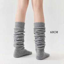 1 Pair Of Autumn And Winter White Knee-High Socks. Grey Terry Socks, Warm High-Cut Socks, JK Socks, Slouchy Socks - Multicolor - View 17