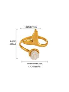 Minimalist Elegant White Faux Pearl Camellia Stainless Steel Women's Ring, Gold Anti-Rust Adjustable Flower Ring, Suitable For Girlfriend, Mother And Best Friend, Wedding, Proposal Jewelry, Vacation, Party, Bridesmaid Accessory, Birthday, Anniversary Gift - Multicolor - View 6