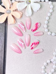 10 Pieces Of Handmade Press On Nails,Nails,Fake Nails,Short Nails,Almond Nails,Pink Nails,With White Wavy Line Patterns,Nails Printed With Pink Petal Water Ripple Texture And Twisted Pink Swirl Accents,Perfect For Daily Wear And Date. - Pink - View 4
