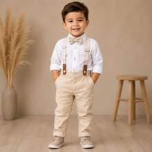 Conjunto Infantil Menino Social Camisa Manga Longa e Body Calça Com Suspensorio e Gravata Borboleta para festa Casamento - Bege/Branco - Visão 2