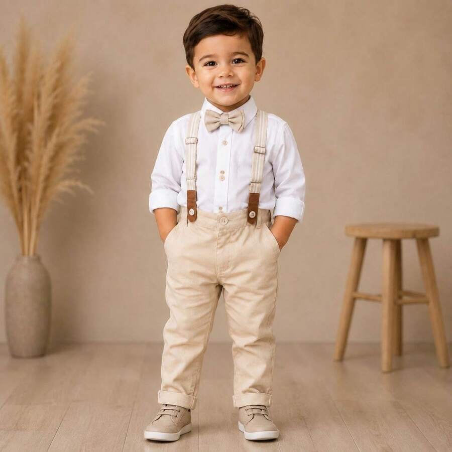 Conjunto Infantil Menino Social Camisa Manga Longa e Body Calça Com Suspensorio e Gravata Borboleta para festa Casamento