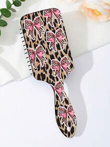 1pc Pink Leopard Print Bow Massage Scalp Comb, High Crown Hair Styling Brush, Detangling Hair Comb - Multicolor - View 2