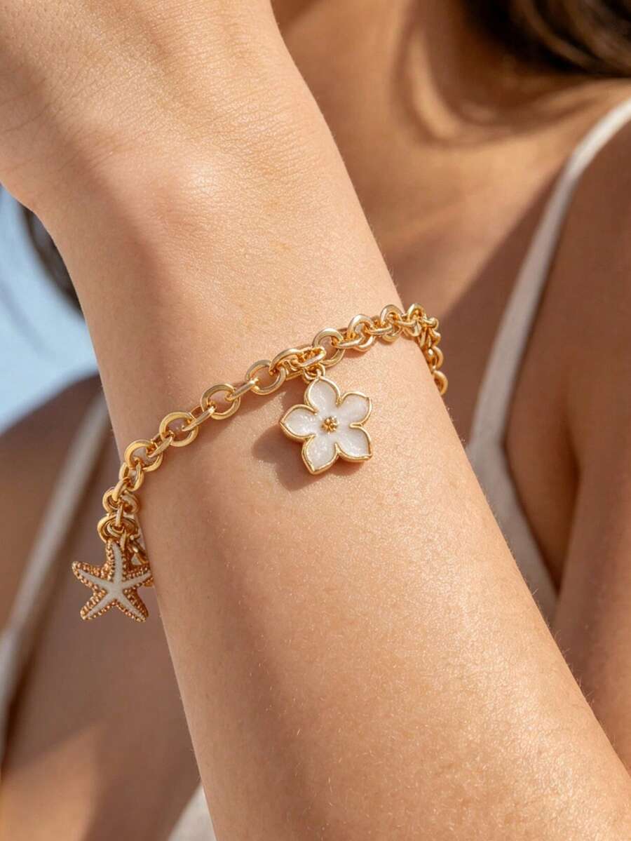 1 pieza Pulsera con dije de estrella de mar estilo bohemio de verano para vacaciones en la playa - Dorado - Ver 1