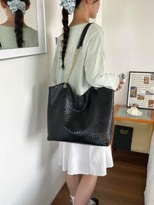 Vintage Black Woven Texture Daily Commute Versatile Large Capacity Tote Bag - Black - View 10