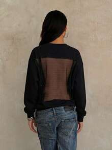 Women Solid Black Oversized Sweatshirt Mesh Patchwork Back Long Sleeve Top For Vacation, Casual Outfits, Black, Autumn Winter - Black - View 4