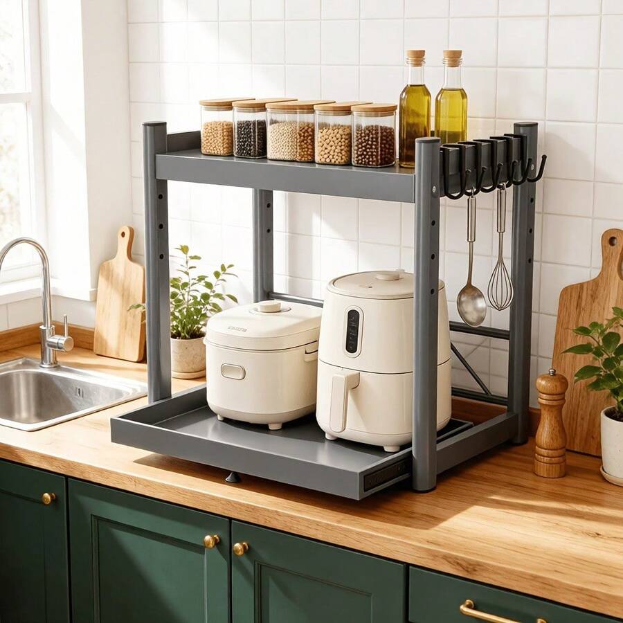 2-Tier Adjustable Microwave Stand For Kitchen Counter – Expandable Carbon Steel Rack With 6 Hooks & Sliding Tray, Space-Saving Storage Shelf For Ovens, Small Appliances, And Pantry Items - Gray-57x38x53cm, With 6 Hooks - View 1