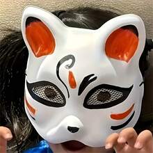2件裝白色貓臉空白面具，手繪白色貓面具－空白可上色格紋設計，適合創意創作，完美適用於 Cosplay 與角色扮演 - 查看 4