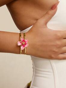 Altistry 1pc Handmade Gradient Tie Dye Pink Floral Bangle, Elegant & Romantic, Suitable For Daily Wear, Dates, Engagements - Pink - View 3