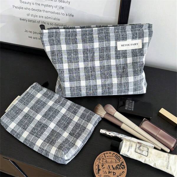 Grey And White Checkered Makeup Brush Lipstick Makeup Storage Bag, Makeup Travel Wash Bag, Transparent Essential Gift Storage Bag, Zipper Accessory Storage Bag, Nail Bag, Makeup Bag, Dressing Table, Makeup Bag, Storage Bag