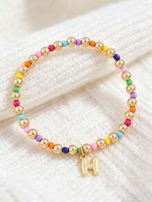 1 Buah Gelang Huruf Manik-Manik Kecil untuk Anak Perempuan, Gelang Elastis dengan Liontin Huruf Awal Tunggal A-Z Kustom, Gelang Manik-Manik Buatan Tangan Berwarna-warni Gaya Boho yang Dapat Ditumpuk, Aksesori Harian - MultiWarna - View 13