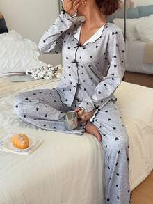 Dreamivo Ruched V-Neck Patchwork Heart Print Long Sleeve Top + Long Pants 2 Pieces Set - Multicolor - View 5