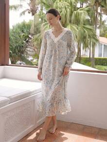 RS Pajama1 蕾絲V領長袖對比色蕾絲浪漫優雅印花睡袍，秋冬款 - 薄荷綠 - 查看 3