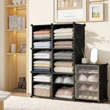 Portable Modular Storage Unit – 9-Tier Cube Closet With Doors, Stackable Plastic Wardrobe Organizer For Clothes, Shoes & Accessories, Space-Saving Under-Stairs Or Bedroom Storage Solution, Black Design - Black Nine Layers Two Columns - View 11