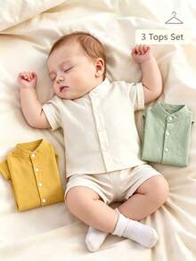 3pcs/Set Baby Boys' Simple & Fashionable Back-To-School Gentlemen Style Short Sleeve Shirt, Spring/Summer, 3 Color Combo - Multicolor - View 1