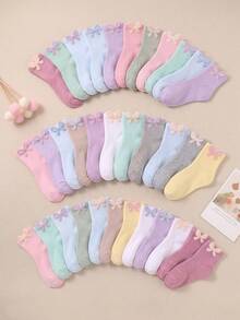 20 Pairs Girls Cute Bow Ribbed Mid-Calf Socks, Breathable Comfortable Soft, All Season Wear, Casual School Daily Wear, Suitable For Toddlers Children Teenagers 1-16 Years Old, Random Assortment - Multicolor - View 3