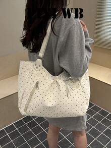 White Black Polka Dot Ruched Tote Bag, Adjustable Wide Straps Side Vertical Zipper Pocket Silver Plush Star Pendant Campus Daily Shopping - White - View 3