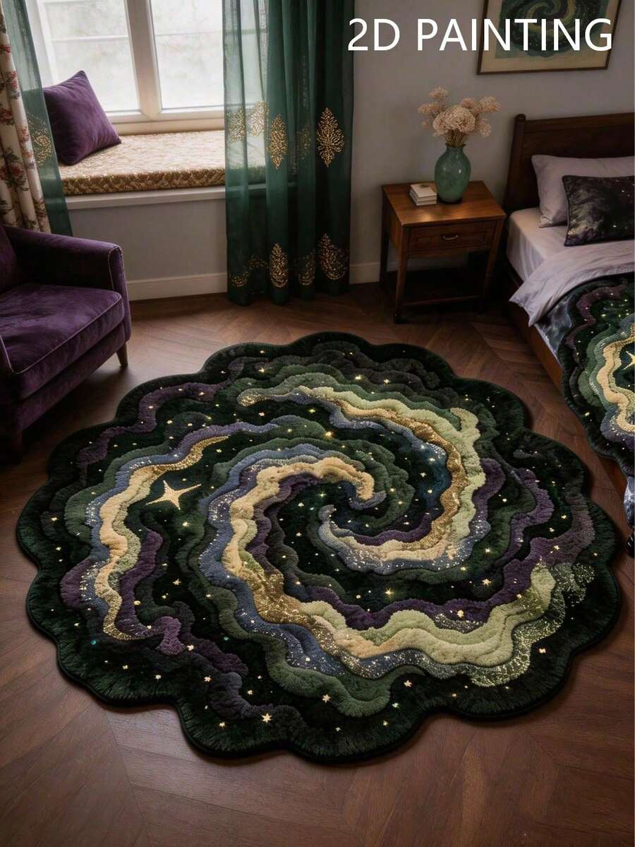 1pc Asymmetrical Shaped Thickened Plush Carpet, Dark Starry Sky Pattern, Suitable For Autumn/Winter, Decorative Rug For Bedroom, Living Room, Home Decor, Washable, Graduation Gift, Housewarming Gift - Dark Green - View 1