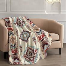 1PC Bohemian Geometric Feather Print Flannel Throw Blanket, Decorative Blanket For Living Room, B&B, Sofa, Nap - Multicolor - View 4