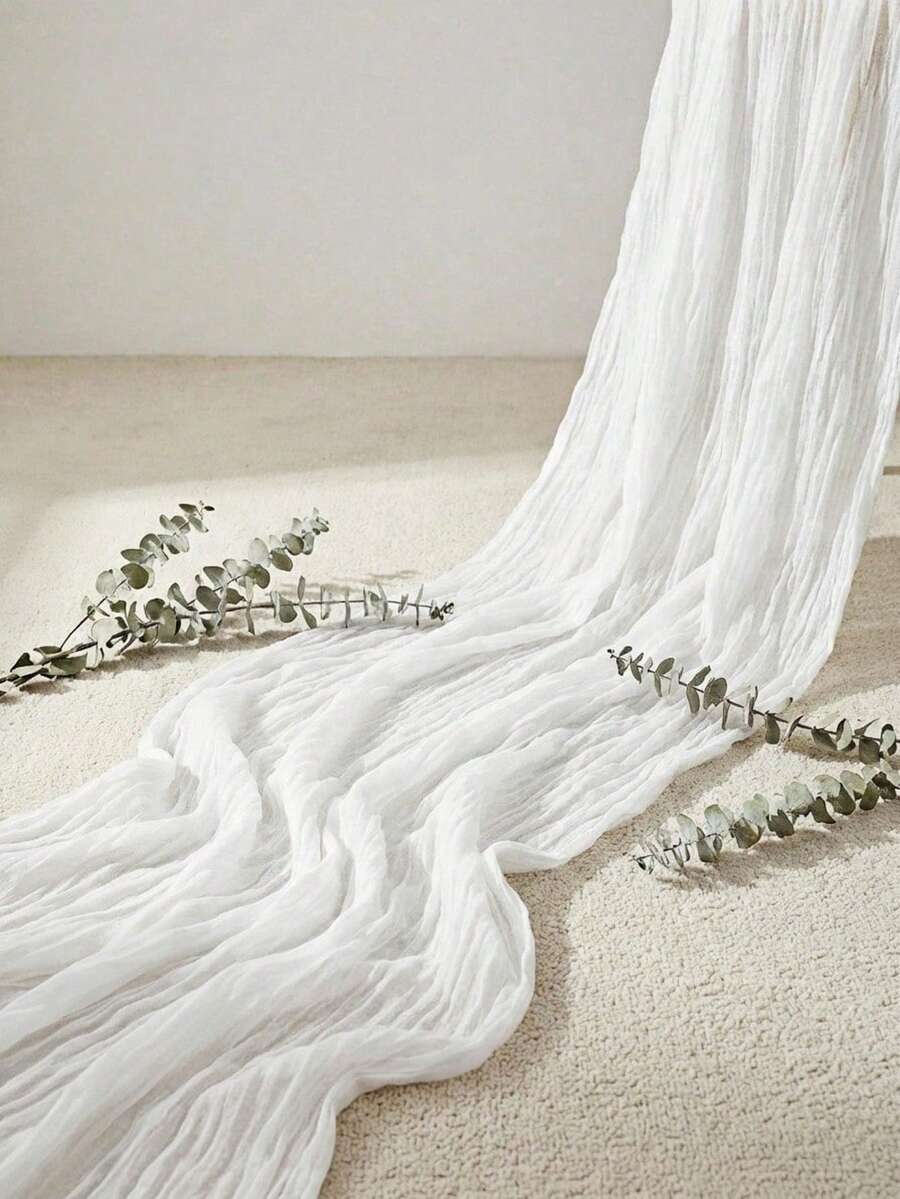 Haus Hana 1pc Cheese Cloth Crinkle Table Runner, For Wedding, Bridal, Birthday Party Long Table And Round Dining Table Centerpiece Decor - White - View 1