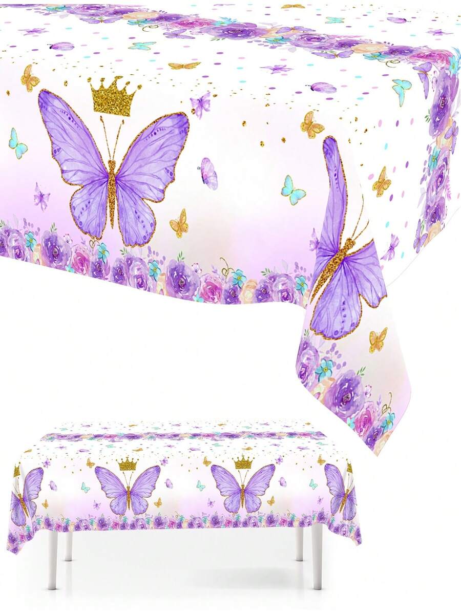 1Pc Disposable Plastic Tablecloth,Purple Butterfly Pattern Rectangle Table Cover For Princess Theme Bridal Shower Baby Shower Birthday Party Decor