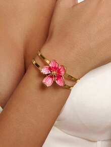 Altistry 1pc Handmade Gradient Tie Dye Pink Floral Bangle, Elegant & Romantic, Suitable For Daily Wear, Dates, Engagements - Pink - View 1