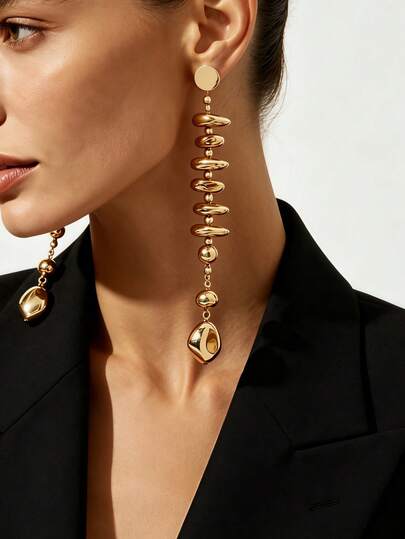 1 Pair European & American Fashion Elegant Minimalist Exquisite Mirror Polished Gold-Plated Alloy Round Beads With Asymmetrical Faux Pebble Metal Plate Vertical Thin Chain Long Drop Earrings For Women, Commute, Party, Vacation, Luxury