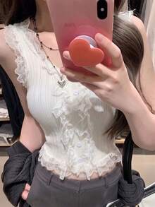 性感简约蕾丝边吊带背心，叠穿针织短款上衣，时尚韩版春夏返校休闲白色 - 白色 - 查看 7