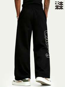 mulinsen Men's Elastic Waist Loose Straight Leg Wide Leg Pants, Black Base With Letter Print Heat Transfer Hip-Hop Style - Black - View 4