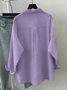 女士休闲宽松纯色长袖衬衫，春夏款 - 紫色 - 查看 2