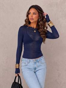 ChicMe Women's Boat Neck Long Sleeve Slim Fit T-Shirt, Sexy Sheer Mesh Tulle Base Layer Top, Suitable For Outings And Parties - Navy Blue - View 4