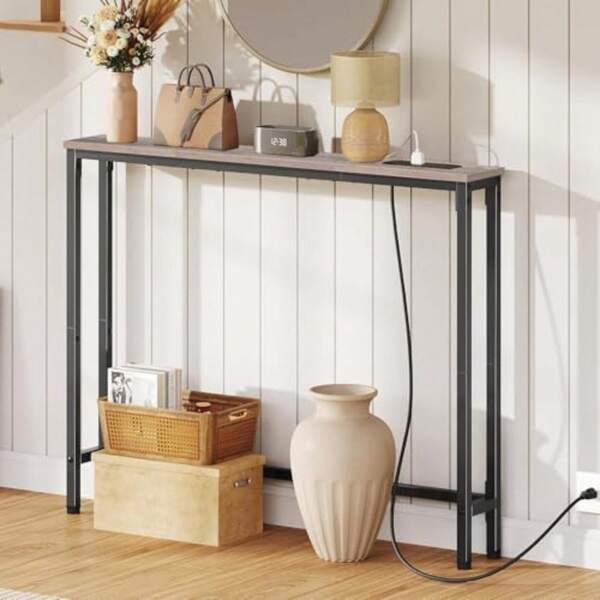 Mesa Recibidor Entrada con Tomacorrientes y Puertos USB, 100 * 75 * 15cm Consola de Entrada, Muebles Consola para Sala, Bufets, Vitrinas y Credenzas, Mesa de Sofá, Barra de