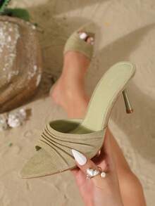 On feet& in love Women's Fashion Elegant Velvet Pleated Minimalist Versatile Open Toe Slip-On Outdoor Sandals With Thin High Heel, Suitable For Matching Dresses - Olive Green - View 2