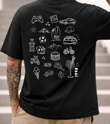 Personalisiertes Doodle-Shirt für Papa oder Freund - Einzigartiges Geschenk mit Hobbys & Symbolen - Geburtstagsgeschenk für Männer - Individuelles T-Shirt - Schwarz - Übersicht 1